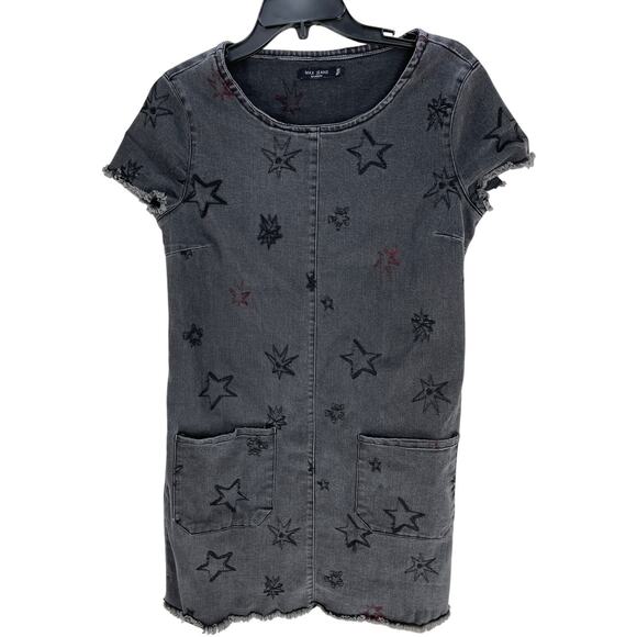 Max Jeans Denim Dress XS Gray Stars Print Short Sleeve Pockets Scoop Neck Grunge - Picture 1 of 6